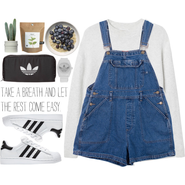 A fashion look from January 2015 featuring shirts &amp;amp; tops, short bib overalls and adidas originals bag. Browse and shop related looks.