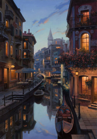 插画师Evgeny Lushpin的小镇夜景风光插画图片作品，美的像梦境一般的存在，或许它们本身就是一种梦境吧。