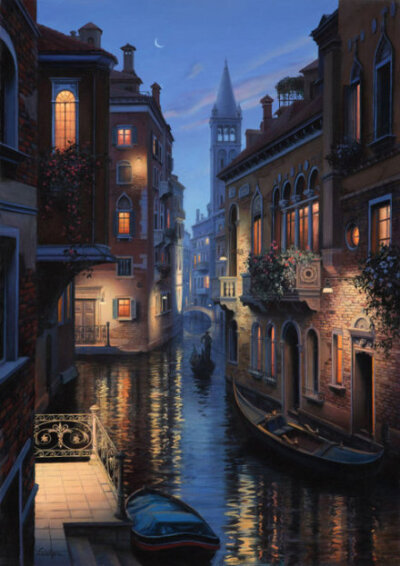 插画师Evgeny Lushpin的小镇夜景风光插画图片作品，美的像梦境一般的存在，或许它们本身就是一种梦境吧。