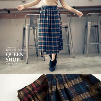 QUEENSHOP2014秋冬新品女装学院格纹毛料长裙03020120现货