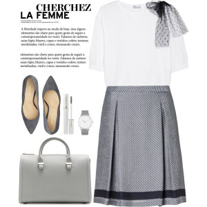 A fashion look from January 2015 featuring cotton sweat shirts, mid calf skirt and gray leather tote. Browse and shop related looks.