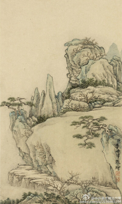 清 李世倬《 山水圖冊》—— 絹本設(shè)色，14.6 × 24.1 釐米，現(xiàn)藏納爾遜美術(shù)館。