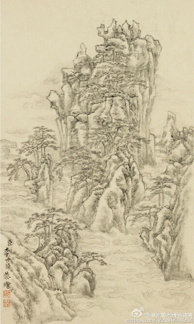 清 李世倬《 山水圖冊》—— 絹本設(shè)色，14.6 × 24.1 釐米，現(xiàn)藏納爾遜美術(shù)館。