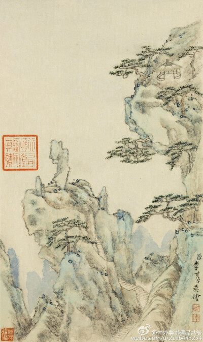 清 李世倬《 山水圖冊》—— 絹本設(shè)色，14.6 × 24.1 釐米，現(xiàn)藏納爾遜美術(shù)館。