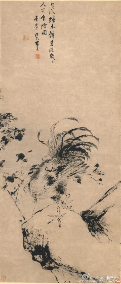 清 李世倬《指畫雄雞菊石圖》—— 絹本設(shè)色，清代李世倬國畫作品，現(xiàn)藏旅順博物館。