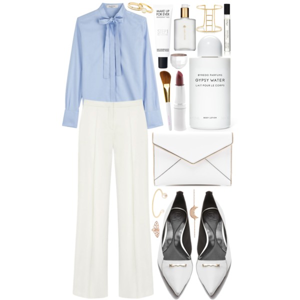 A fashion look from January 2015 featuring blue blouse, cashmere pants and cat ballet flats. Browse and shop related looks.