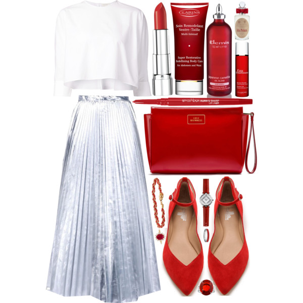 A fashion look from January 2015 featuring white blouse, pleated skirt and flat shoes. Browse and shop related looks.