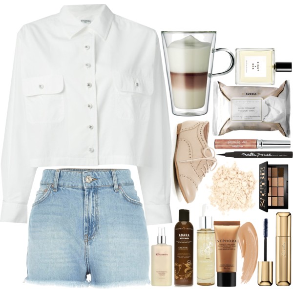 A fashion look from January 2015 featuring white long sleeve top, light wash high waisted shorts and wingtip oxfords. Browse and shop related looks.