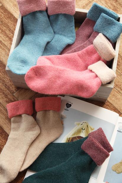 10双日本出口冬季保暖女袜复古拼色翻口加厚毛圈袜子中筒袜