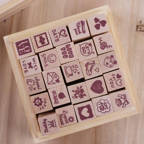 韩国实用可爱日记本DIY相册装饰印章25个套装红色Love 木盒装