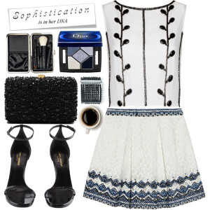 A fashion look from July 2014 featuring embellished tops, short white skirt and heeled sandals. Browse and shop related looks.