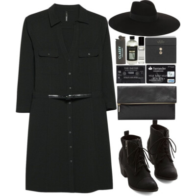 A fashion look from October 2014 featuring 3/4 sleeve dress, lace up bootie and black leather handbags. Browse and shop related looks.