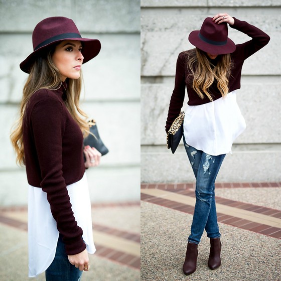 Pam Hetlinger - Topshop Burgundy Crop Sweater - Burgundy x Ripped Denim