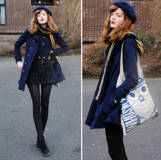 Cosette Munch - Second Hand Navy Blue Beret, Christmas Present From Boyfriend Navy Yellow College Scarf, Navy Trench Coat, Sheinside Plaid Blue Skirt, Navy Blouse, Second Hand Black Boots - Bermondsey