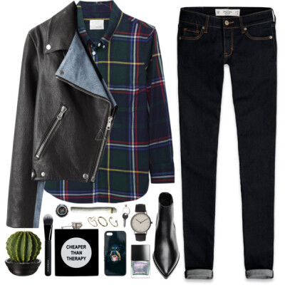 A fashion look from November 2014 featuring plaid shirt, leather jacket and black skinny jeans. Browse and shop related looks.