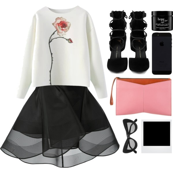 A fashion look from January 2015 featuring long white top, black skirt and heels &amp;amp; pumps. Browse and shop related looks.