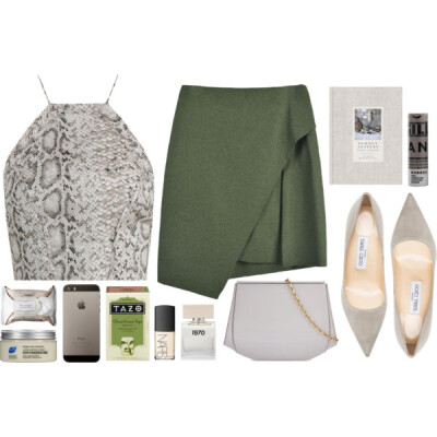 A fashion look from January 2015 featuring cross back crop top, green skirt and suede pumps. Browse and shop related looks.