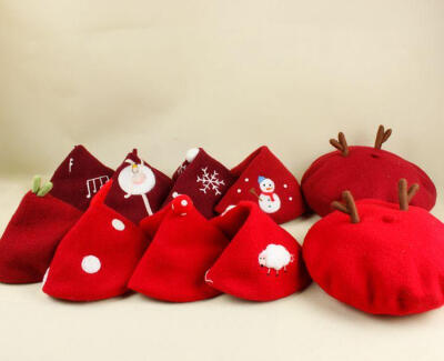 红色欢歌新年亲子儿童女士冬季立体手作羊毛毡毛呢贝雷帽子