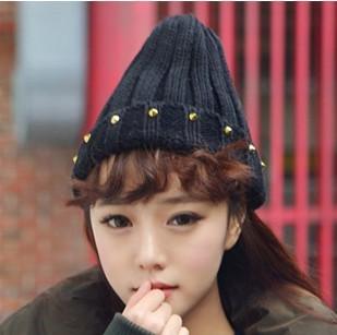 韩国秋冬进口铆钉毛线帽 淑女针织休闲帽子 