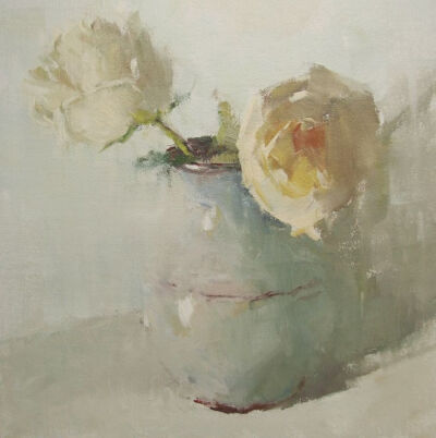 Impressionistic oil painting of creamy white roses, titled &amp;quot;Surrender&amp;quot; by artist Gina Brown