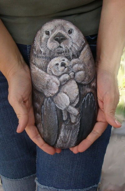 Sea Otter Painting on Stone - Mom and Pup