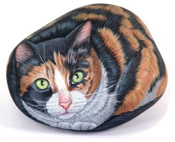 black, orange, white cat painted rock