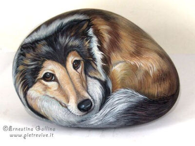HAND PAINTED ROCK.Dogs portraits on stone. sheltie