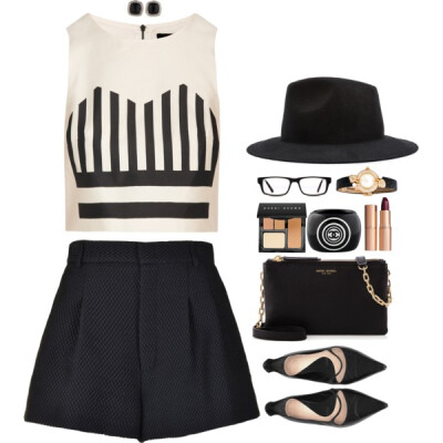 A fashion look from February 2015 featuring formal crop top, high-waisted shorts and black purse. Browse and shop related looks.