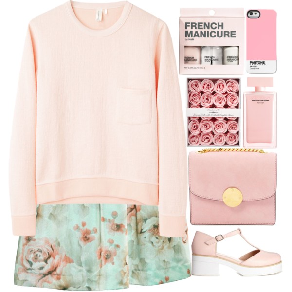 A fashion look from February 2015 featuring pink sweater, green skirt and vegan shoes. Browse and shop related looks.