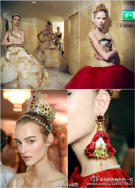 高订中最为神秘的Dolce&amp;amp;Gabbana Alta Moda 2015系列在米兰La Scala歌剧院门厅内华丽开演,源起欧洲皇室贵族间的宫廷芭蕾舞剧,舞衣舞鞋演变而来的华服披风和鞋袜皆被珠片刺绣所装饰,甚至芭蕾名伶佩戴的发带和皇冠都华丽升级为彩宝和纯金共铸的高级定制珠宝。（via dipsy迪西）