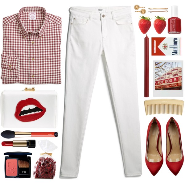 A fashion look from February 2015 featuring white jeans, Charlotte Olympia and overnight bag. Browse and shop related looks.