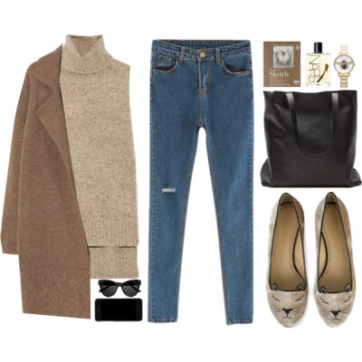 A fashion look from February 2015 featuring polo neck sweater, brown coat and ripped jeans. Browse and shop related looks.