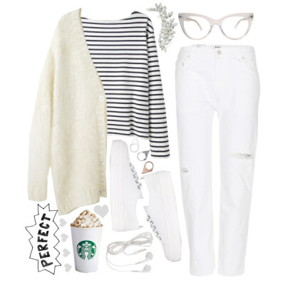 #whitejeans #white #cardigan #casualchic #casualoutfit #casual #creepers #cream #rippedjeans #fresh #starbucks #lovely #glasses #cute