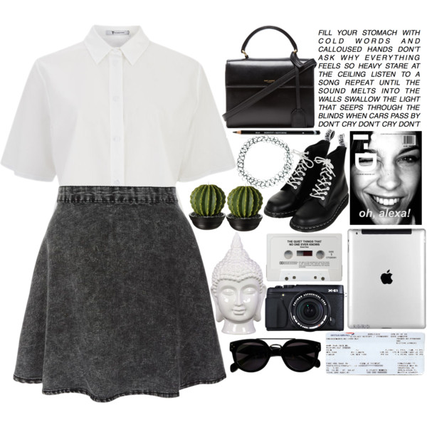 A fashion look from February 2015 featuring white shirt, skater skirt and lace up boots. Browse and shop related looks.