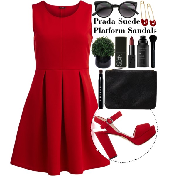 A fashion look from February 2015 featuring tall dresses, suede platform sandals and vegan bags. Browse and shop related looks.