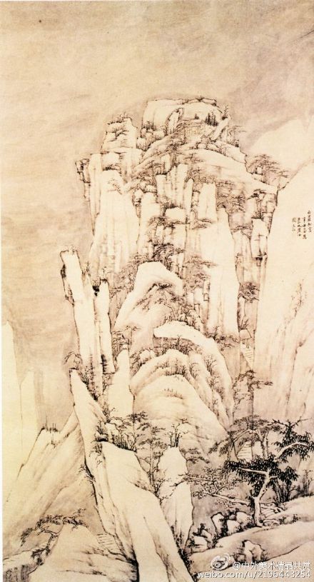 【國畫1618】清 弘仁《西巖松雪圖》—— 紙本水墨，104.5 × 192.5 釐米，現(xiàn)藏故宮博物院。此畫繪雪景山色，畫中危崖峻嶺，盤曲青松，在雪中更顯寒肅峻險；茅棚屋舍，平添風致；全局空靈通脫，又注意景物的大小、疏密、虛實的變化，給人以偉峻、恬淡，靜穆聖潔之感。