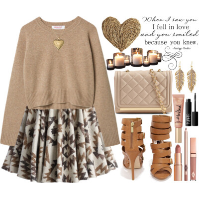 A fashion look from February 2015 featuring merino wool sweater, brown pleated skirt and wedges shoes. Browse and shop related looks.