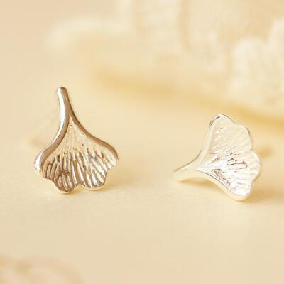 ZZJ通体S925纯银饰品 别致 自然纹路 银杏叶 耳钉 小清新森女韩AC