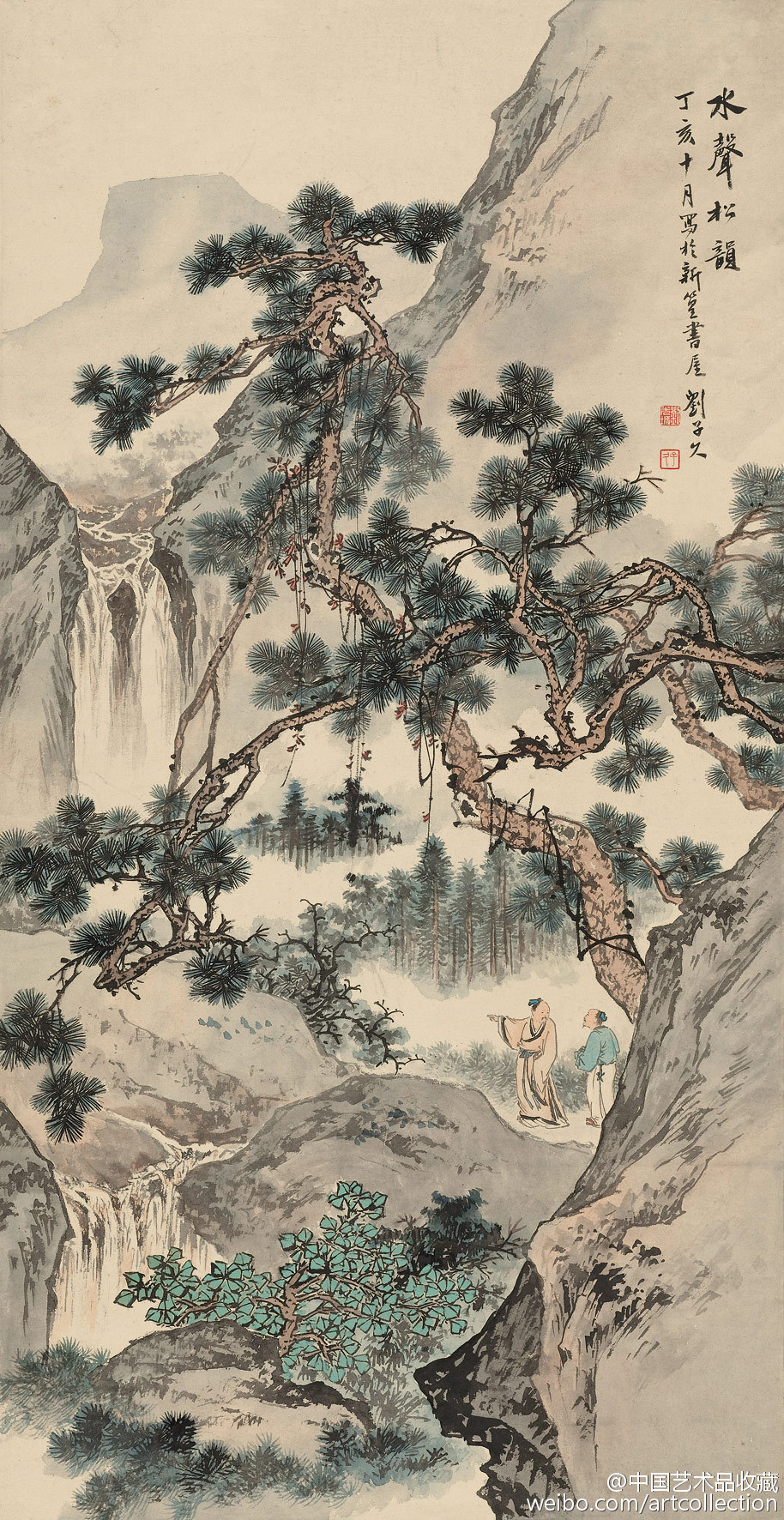 【 刘子久 《画山水》 】刘子久（1891—1975）的国画作品章法谨严，笔墨苍劲，赋色沉静。其用笔雄强稳重，源出郭熙、李唐、马远、夏皀、戴进诸家。所画山石林木茂盛苍古，盖得力于盛懋、王叔明、王石谷等人。在墨法上，刘子久兼用积墨、破墨、泼墨，浓淡干湿相得益彰，融南北二宗于一炉。