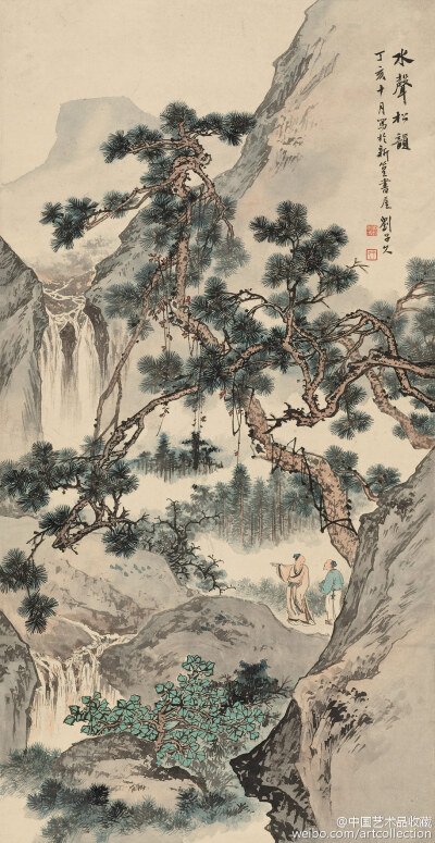 【 刘子久 《画山水》 】刘子久（1891—1975）的国画作品章法谨严，笔墨苍劲，赋色沉静。其用笔雄强稳重，源出郭熙、李唐、马远、夏皀、戴进诸家。所画山石林木茂盛苍古，盖得力于盛懋、王叔明、王石谷等人。在墨法…