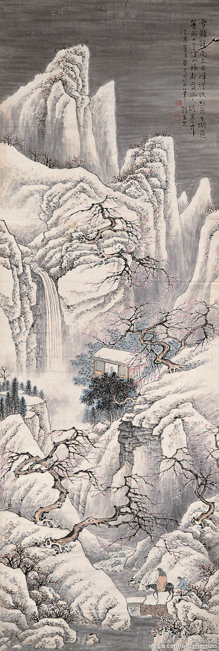 【 刘子久 《画山水》 】刘子久（1891—1975）的国画作品章法谨严，笔墨苍劲，赋色沉静。其用笔雄强稳重，源出郭熙、李唐、马远、夏皀、戴进诸家。所画山石林木茂盛苍古，盖得力于盛懋、王叔明、王石谷等人。在墨法上，刘子久兼用积墨、破墨、泼墨，浓淡干湿相得益彰，融南北二宗于一炉。