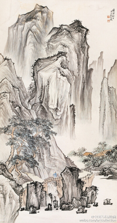 【 刘子久 《画山水》 】刘子久（1891—1975）的国画作品章法谨严，笔墨苍劲，赋色沉静。其用笔雄强稳重，源出郭熙、李唐、马远、夏皀、戴进诸家。所画山石林木茂盛苍古，盖得力于盛懋、王叔明、王石谷等人。在墨法…