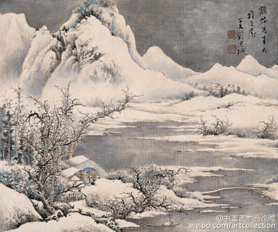 【 刘子久 《画山水》 】刘子久（1891—1975）的国画作品章法谨严，笔墨苍劲，赋色沉静。其用笔雄强稳重，源出郭熙、李唐、马远、夏皀、戴进诸家。所画山石林木茂盛苍古，盖得力于盛懋、王叔明、王石谷等人。在墨法…