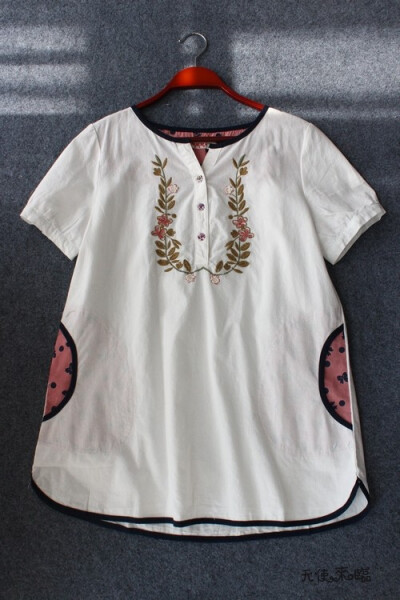 日系森女系 刺绣文艺棉麻可爱布包扣 短袖衬衫衬衣