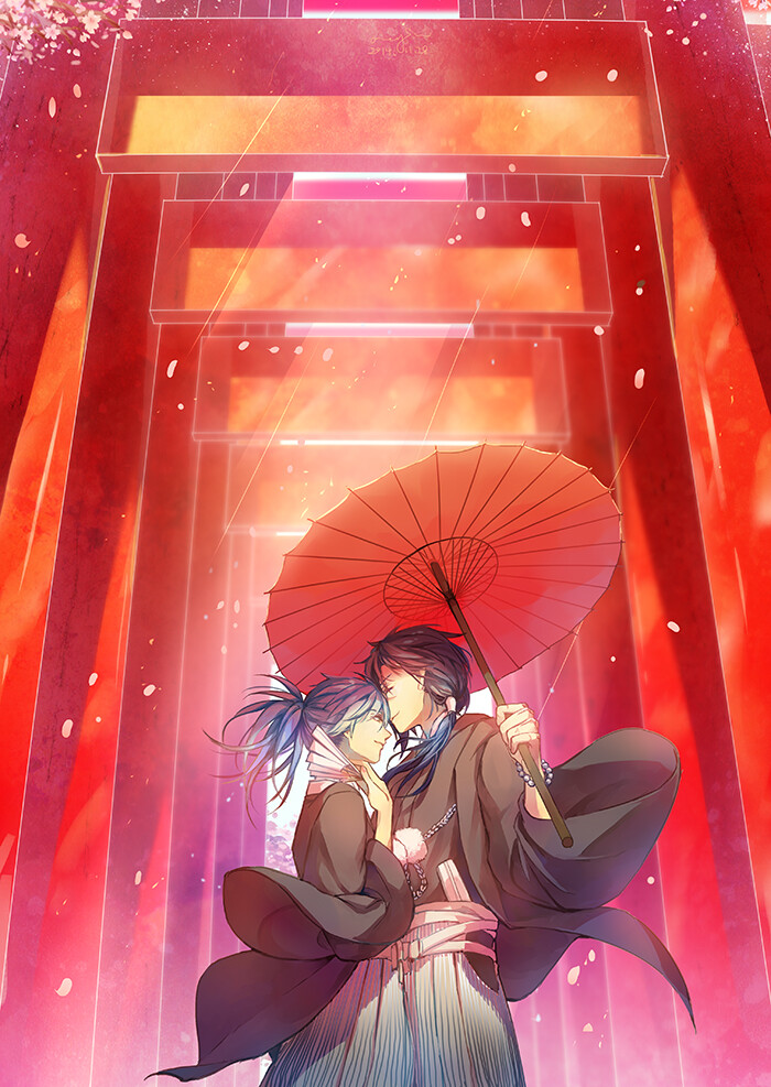 Tags: Anime, Pixiv Id 3932198, DRAMAtical Murder, Seragaki Aoba, Koujaku, Japanese Umbrella, Red Background