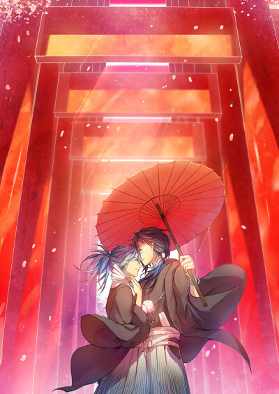 Tags: Anime, Pixiv Id 3932198, DRAMAtical Murder, Seragaki Aoba, Koujaku, Japanese Umbrella, Red Background