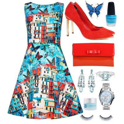 #blue #orange #graphic #design #dress #heels #clutch #day #summer #autumn #chic