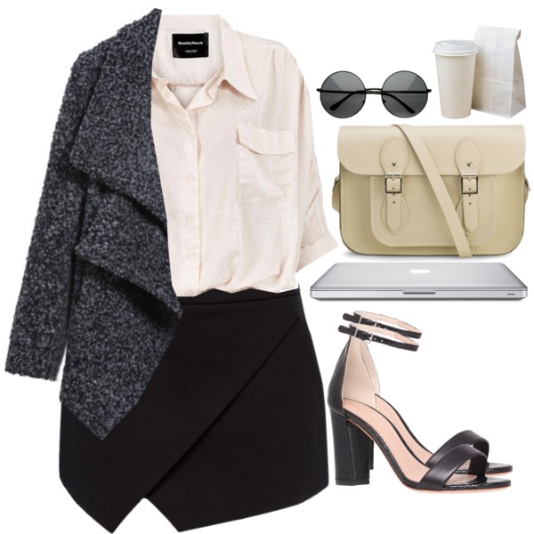 A fashion look from February 2015 featuring shiny blouse, wool coat and wrap front skirt. Browse and shop related looks.