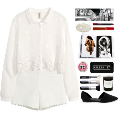 A fashion look from February 2015 featuring white long sleeve shirt, highwaisted shorts and pointy-toe flats. Browse and shop related looks.