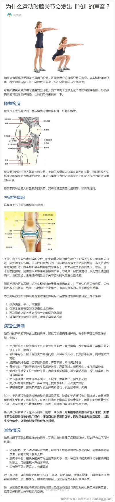 为什么运动时膝关节会发出『啪』的声音？你是否在进行深蹲(Squats)或是运动时，膝盖会发出声音呢？到底为什么呢？一般来说，像是关节、手指、手腕等在长时间没有活动时，去扭转或是伸展它时，会发出响声，代表该处有…